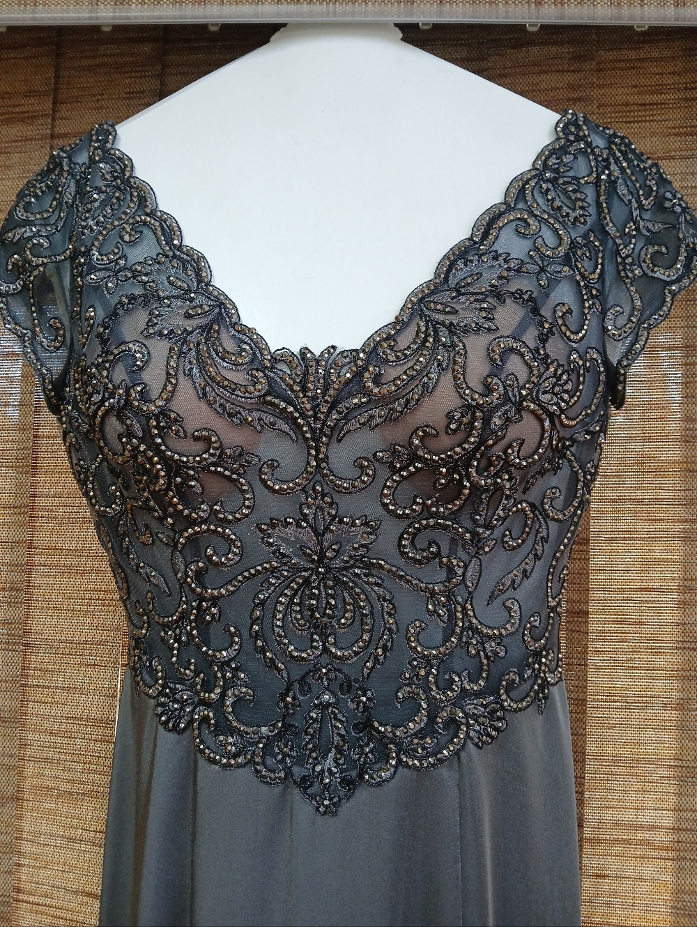 JVN By Jovani Charcoal Gray Silver Embellished V-Neck Maxi Dress